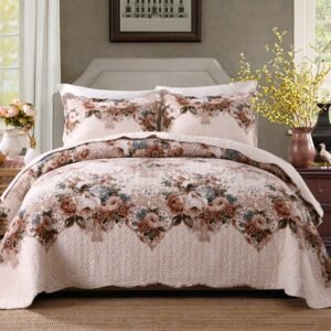 3Pcs Vintage Flowers printed Quilt Coverlet Quilted Cotton Soft Bedspread Full/Queen Bed Cover 2 Pillow shams Blanket 1