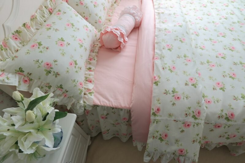 Vintage Pink Floral Ruffled Bedding Duvet Cover Set 100%Cotton Twin Queen King size Girls Bedding set Bedskirt Pillow shams 5