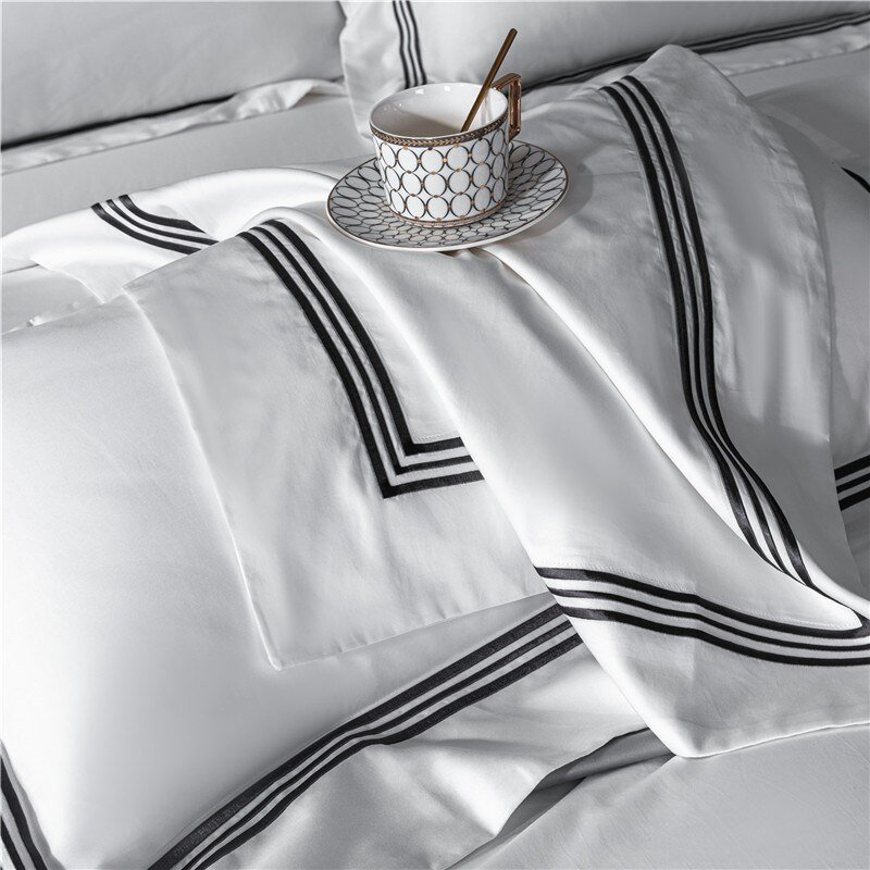 Luxury Hotel 100%Cotton Soft Duvet Cover with Embroidery Trim White Grey Queen King size 4/6Pcs Bedding set Bed Sheet Pillowcase 3
