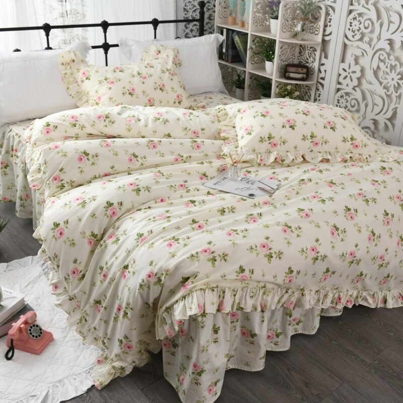 4 Pieces Beige Pink Rufflers Duvet Cover Bedskirt Set 160x200cm Bedding Set Colorful Flowers Pastoral Style Twin Queen King size 3