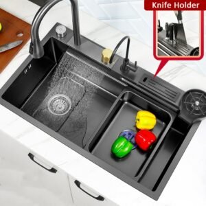 Waterfall Black Kitchen Wash Basin Nano Sink Large Single-slot 304 Stainless Steel Sink Above Counter/Udermount Drain Faucet 1