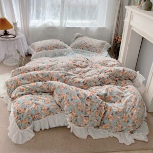 Romantic Roses Vintage Duvet Cover Set Bed Sheet Pillowcases White Ruffle Velvet Flannel Warm Bedding set Double Queen King 4Pcs 1