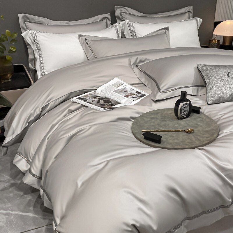White Gray Egyptian Cotton Hotel Duvet Cover 4Pc 600TC Long Staple Cotton Soft Bedding Bed Sheet Pillowcase Double Queen Family 3