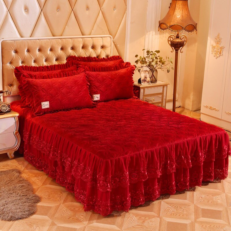 3/5-Pieces Lace Fleece Quilted 160X200cm Bedskirt Ultra Soft Warm Red Blue Bedding Set Bed cover set  Bedspread set Pillow shams 2