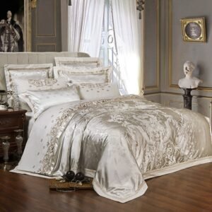 Sliver Gray Luxury Silky Satin Jacquard Duvet cover Embroidery bedding set Super King Queen size 4/6Pcs bed sheet/Fitted sheet 1