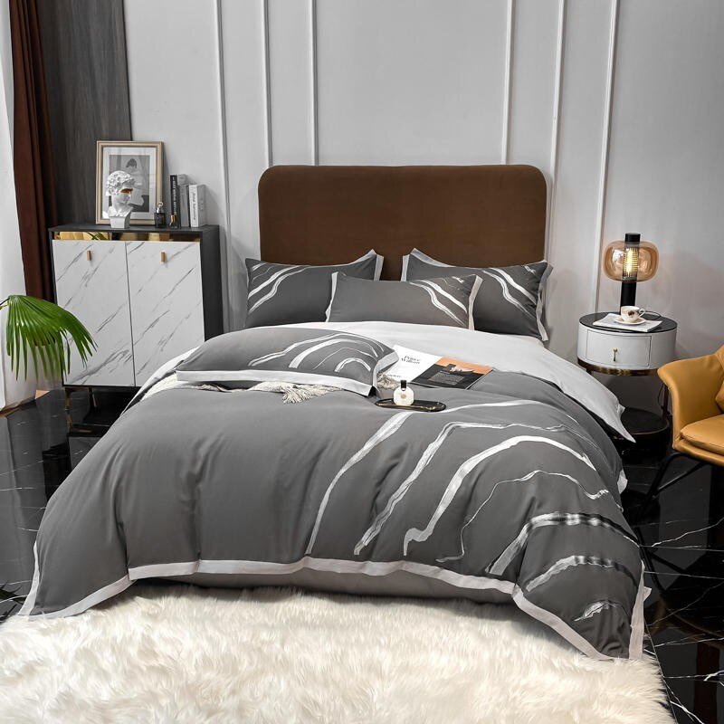 4Pcs Double Queen King Abstract Marble Embroidery Brushed Cotton Bedding Grey Zipper Comforter Cover Soft Bed Sheet Pillowcases 2