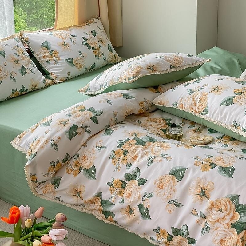 Farmhouse Country Style 4Pcs Delicate Lace Duvet Cover Set 100%Cotton Ultra Soft Girls Queen Bedding set Bed Sheet Pillowcases 3