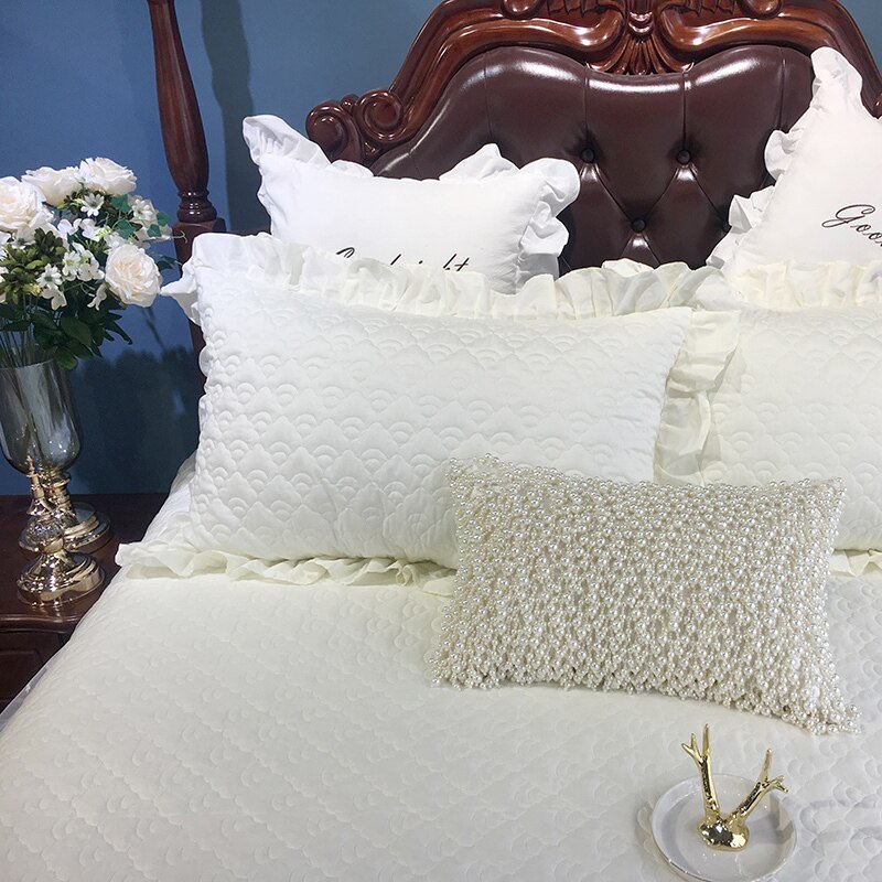 3Pcs150X200cm/180X200cm Cream White Beige Lace Princess Bed skirt set Quilted Cotton Bedspread Pillowcase Queen King size 3Pcs 3