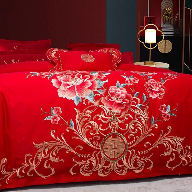 4/6/8/10Pcs 100%Cotton Red Pink Duvet Cover Set King Queen Luxury Embroidery Floral Love You Wedding Bedding Bedsheet Pillowcase 5