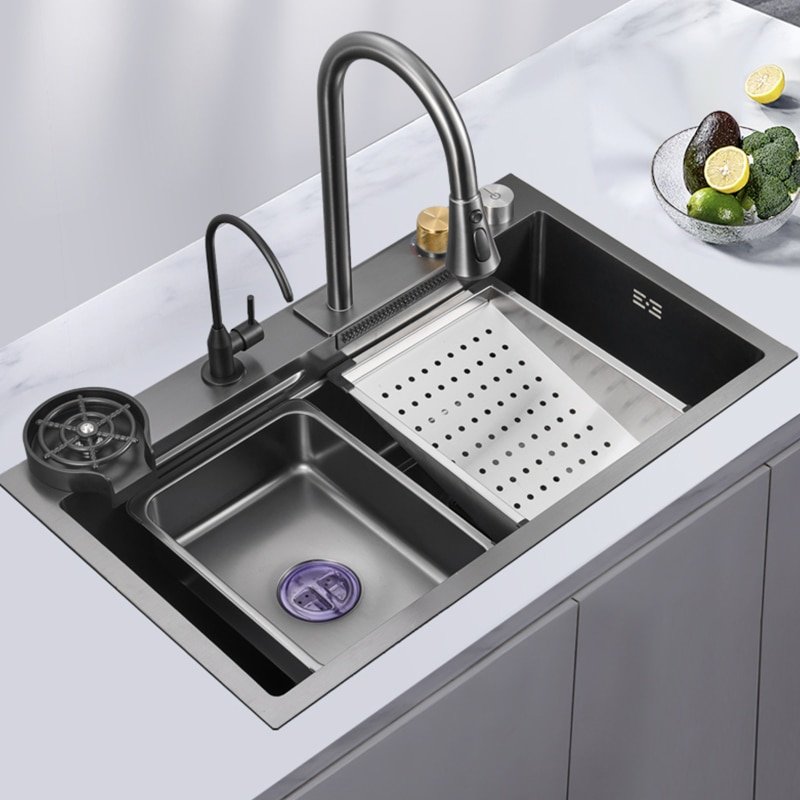 Raindance 304 Stainless Steel Kitchen Sink Nano Waterfall Faucet Topmount Large Single Wash Basin Bowl Drain Accessories Drain  2