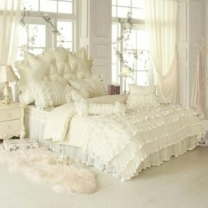 Girls Princess style Lace Pink Bedding set Luxury Twin Queen King size Bed set Cotton Bed skirt Duvet cover set Soft Bedclothes 1