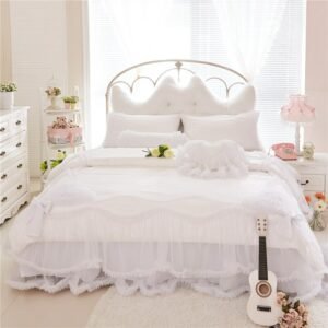 4/7 Pcs King Queen Twin size Whte Lace Cotton Luxury Wedding Princess Bedding Set Bed skirt Duvet Cover set Soft Bedclothes 1