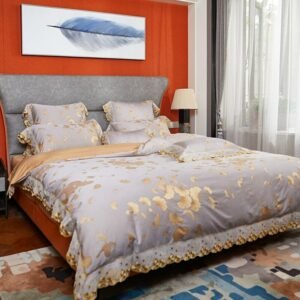 Chic Golden Leaves Lace Duvet Cover Grey Luxury Satin Cotton Bedding set Bed sheet Quilt Cover Pillowcases Queen King size 4Pcs 1