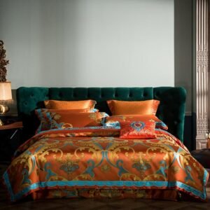 Sateen Cotton Jacquard Silky Duvet Cover Sets Orange Golden Damask Luxury Bedding Set Flat Sheet Pillowcases Bedspread 4/7/9Pcs 1