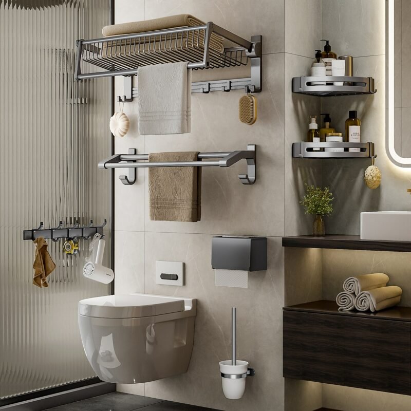 Towel Holder Storage Organizer Shelf Wall Mounted Aluminum Alloy Towel Rack Bathroom Accessories 5