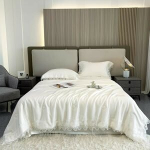 800TC Eucalyptus Lyocell Summer Comforter Purple/White Lace 4Pcs Silky Summer Comforter Bed Sheet Pillowcases Cooling Soft Feel 1