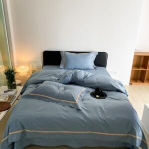Jacquard Pattern Bedding 4Pcs Ultra Soft Egyptian Cotton Solid Color Fog Blue Duvet Cover Bed Sheet Pillowcase Double Queen King 1