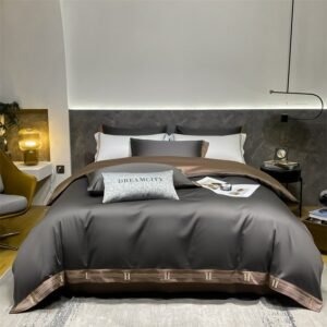 100%Egyptian Cotton Silky Soft Duvet Cover Set Dark Grey Full Queen Double King Family Bedding Set with Bed Sheet Pillowcases 1