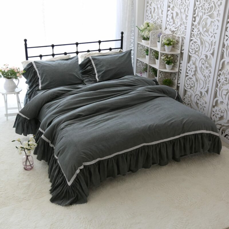 Deep Grey Wide Ruffles Duvet Cover 100%Washed Cotton Shabby Soft Bedding Sets Bedskirt Pillowshams Queen King Twin size 4Pcs 1
