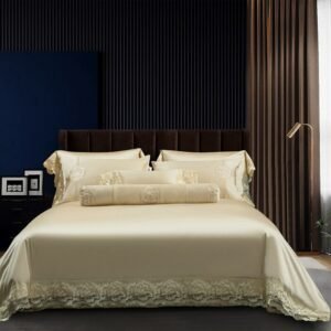 Golden/Rose Golden Shabby Chic Lace Duvet Cover set Queen King size 4Pcs Luxury Satin Cotton Bedding set Bed Sheet Pillowcases 1