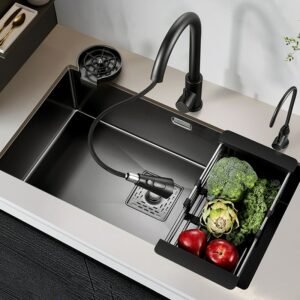 Black Kitchen Wash Basin Nano Sink Large Single-slot 304 Stainless Steel Sink Above Counter/Udermount Drain Faucet Accessories 1