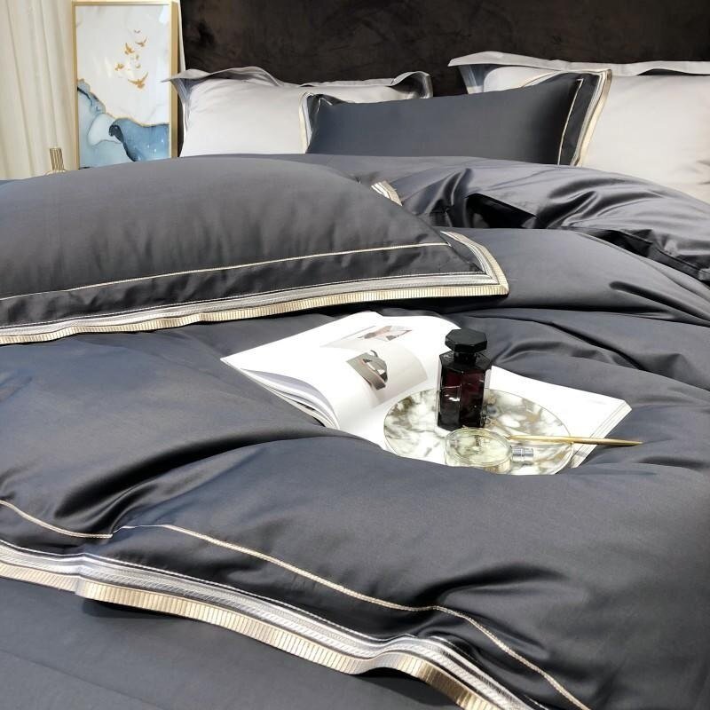 100%Egyptian Cotton Duvet Cover Set Ultra Soft Easy Care Breathable Queen/King 4Pcs Dark Grey Bedding set Bed Sheet Pillowcases 3