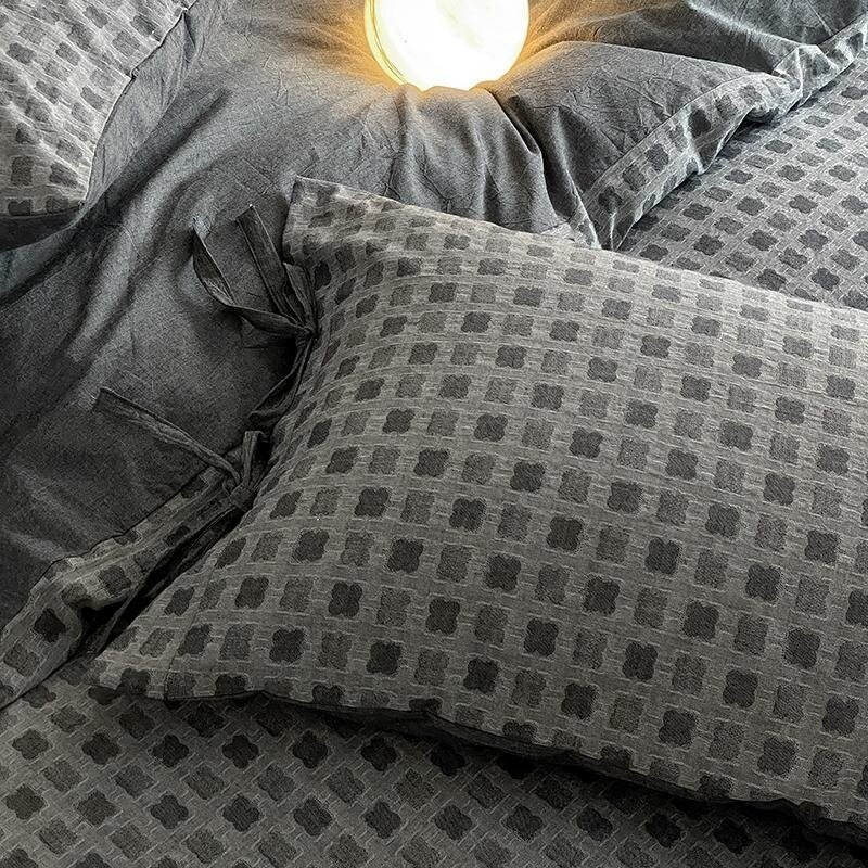 Gray Soft Washed Cotton Duvet Cover Set with Bowknot Bow Bed Sheet Pillowcases Soft Breathable Twin Full Queen King Family size 5