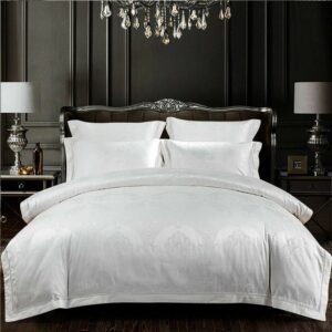 4Pcs Luxury White Soft Silky Satin Cotton Bedding set 1 Duvet cover, 1 Bed sheet, 2 Pillowcases Embroidery Zippier Corner ties 1