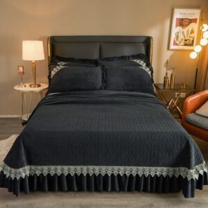 Luxury Soft Quilted Velvet Bedspread Black Color Plush Coverlet Bed Cover with 2/4 Matching Pillow Shams 1