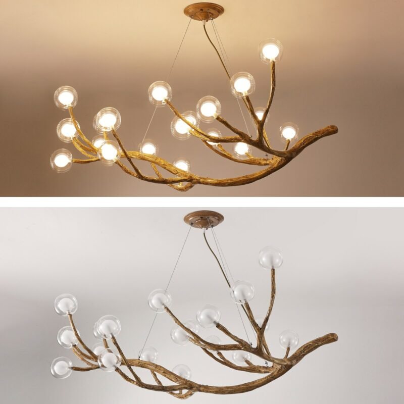 Simulation Resin Iron Tree Branch Glass Bubble Led Pendant Chandelier For Living Room Dining Retro House Decor Hanging Lighting 4