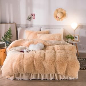 Solid Color Luxury Plush Shaggy Bedding Set Warm Soft Twin Queen King size Duvet Cover Set Pompoms Ruffles Bedskirt Pillowcases 1