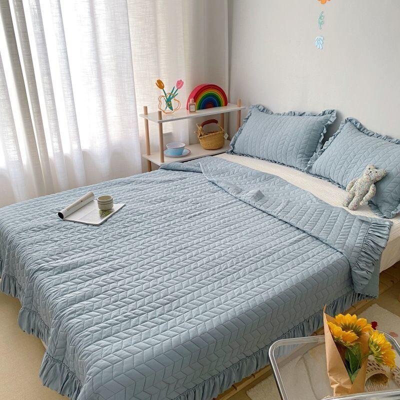 1/3/5Pcs Ultra Soft Microfiber Quilted Bedspread Machine Washable Summer Quilt Pillow shams Lightweight Solid Color White Blue 1