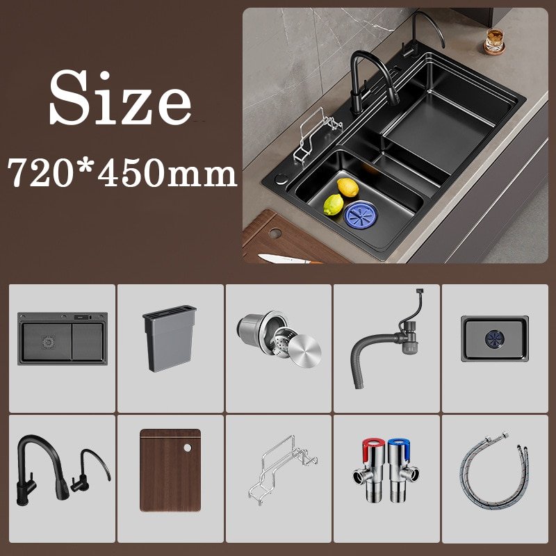 Nano Kitchen Sink Stainless Steel Black Handmade Stepped Single-slot Wash basin Bowl Large Topmount Undercounter Sink Drain Set 6