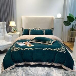 Velvet Fleece Duvet Cover Set Double Queen King 4Pcs Ultra Soft Breathable Luxury Embroidery Duvet Cover Bed Sheet Pillow Shams 1