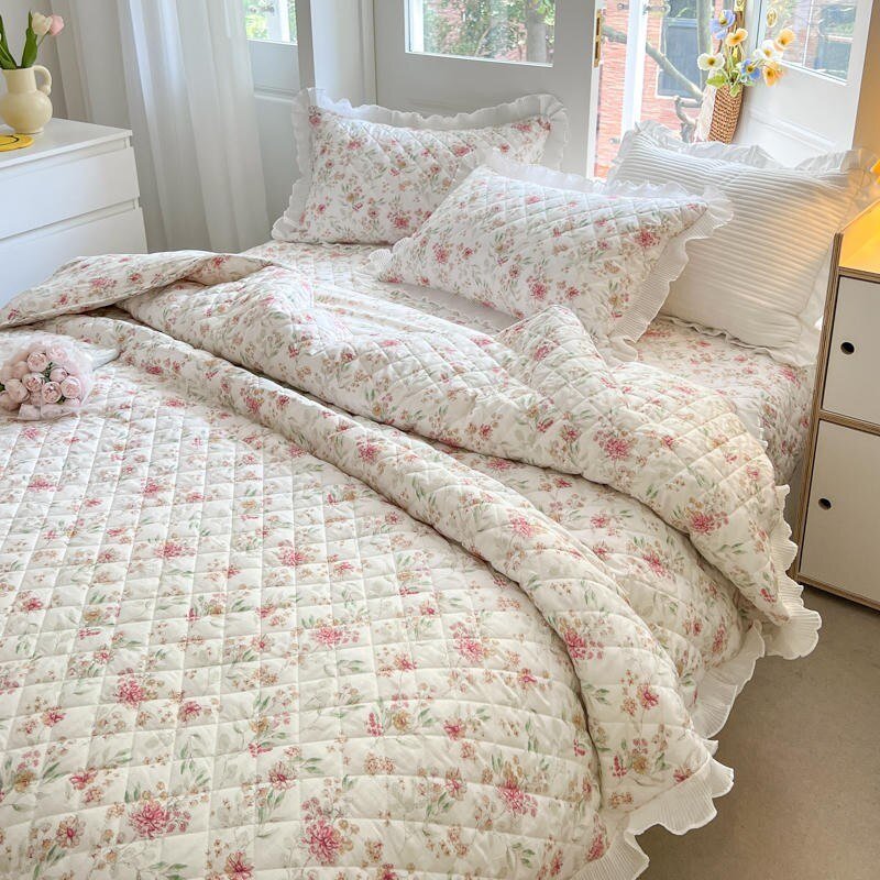 100%Cotton Premium Quality Soft Duvet Cover Bedspread Coverlet Pillow shams Diamond Quilted Floral Ruffled Comforter Cover set 2
