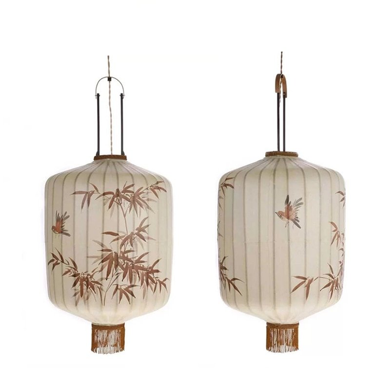 New Chinese Fabric Lantern Lamp For Restaurant Living Room Retro Hotel Homestay Balcony Hand Drawn Pattern Chandelier Free Bulb 6