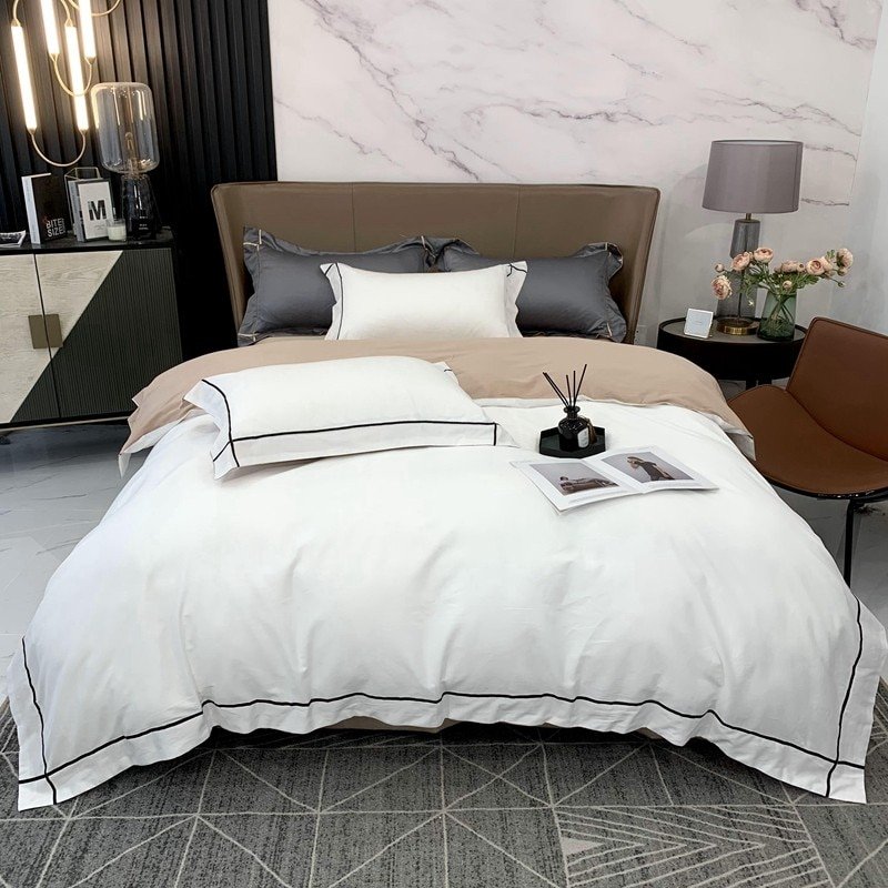 Luxury Soft Silk Satin Cotton Frame Embroidered Duvet Cover Set Simple Style White Gray Bedding set with Bed Sheet Pillow shams 1