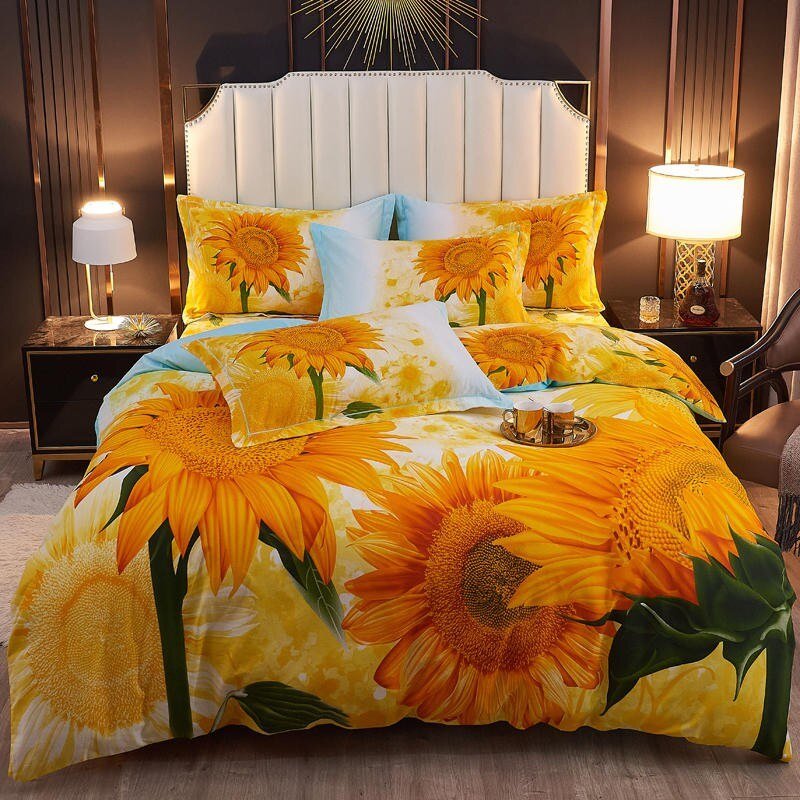 100%Cotton Brushed Ultra Soft Friendly Duvet Cover Set 4Pcs Sunflowers Blossom Bedding set Queen King size Bed Sheet Pillowcases 1