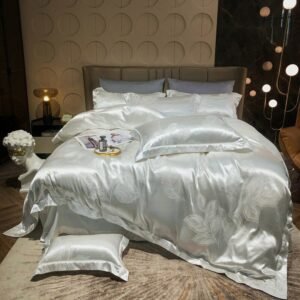 Luxury 4Pcs Jacquard Floral Leaves Soft Satin Silky White Bedding Duvet Cover with Zipper Bed Sheet Pillowcases Double Queen 1