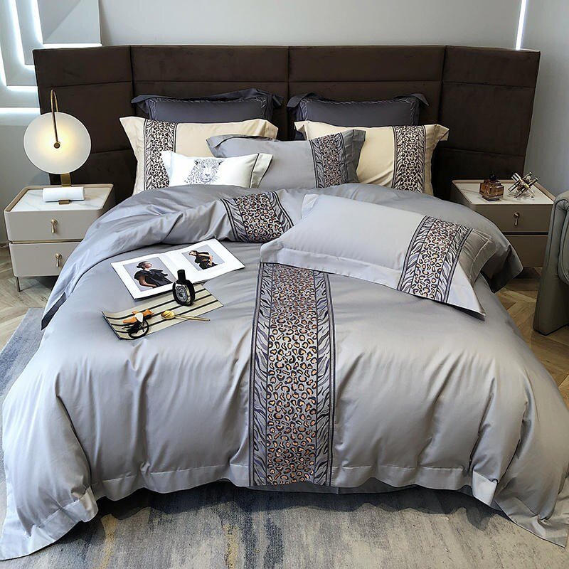 1000TC Egyptian Cotton Grey Premium Bedding Set Luxury Leopard Embroidery Patchwork Duvet Cover with Zipper Bed Sheet Pillowcase 1