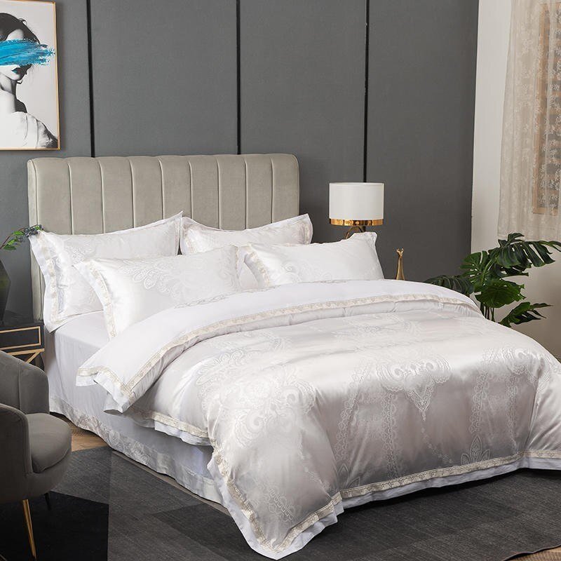 4Pcs Satin/Silky Luxury Soft White Gray Bedding set Sateen Cotton Duvet Cover Set Bed Sheet Pillowcases Stain-Resistant Wrinkle 2