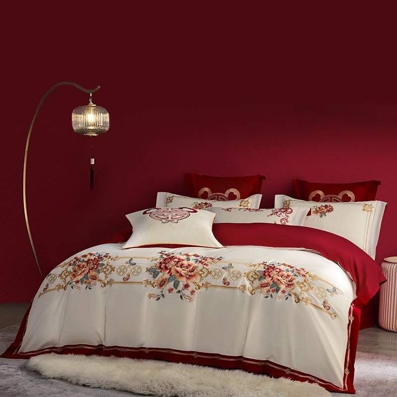 Luxury Double Happiness Blossom Embroidery Wedding Red Bedding Set 4/7Pc 1000TC Egyptian Cotton Duvet cover Bed sheet Pillowcase 2