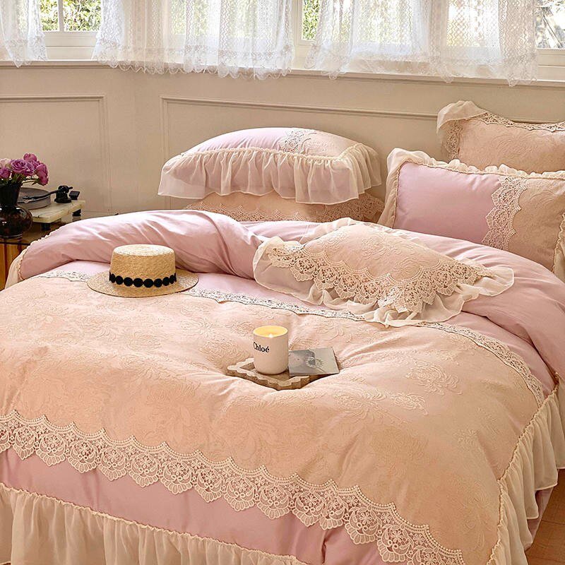 Soft Egyptia Cotton Romantic Lace Relief Bedding Exquisite Craft Ruffle Princess Girls Purple Duvet Cover Bed Sheet 2Pillowcases 2