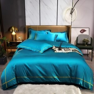 Bright Blue Embroidered Stripe Duvet Cover Set 100%Cotton Soft Comfy Bed Sheet Pillowcases Double Queen King 4Pcs Bedding set 1