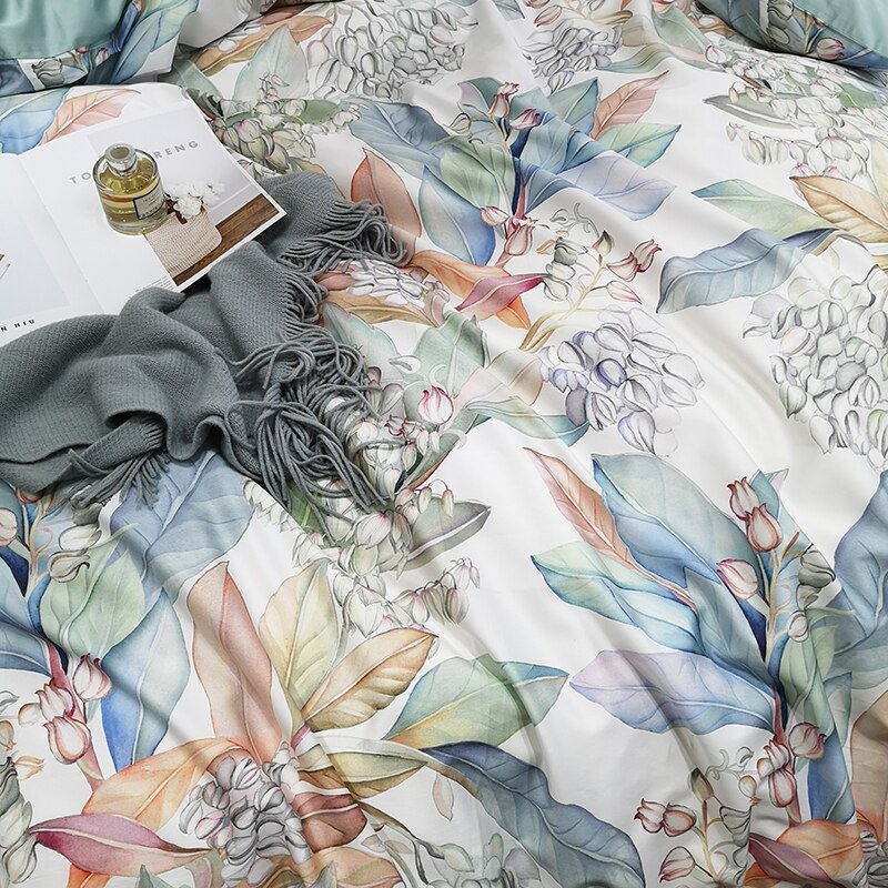 Egyptian Cotton Luxury Duvet Cover Set Queen King size 4Pcs Floral Flowers Leaves Botanical Bedding Set Bed sheet set Pillowcase 5
