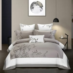 Embroidery Chinoiserie style Duvet Quilt Cover Grey Leaves Comforter Cover Queen King 4Pcs Bedding set Bed sheets Fitted sheet 1