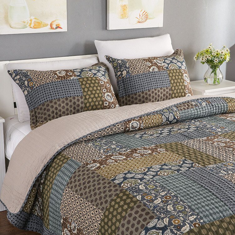 100%Cotton Patchwork Shabby Bedspread Quilt Sets Pillow shams Reversible Coverlet Set Grey Classic Bohemian King Size 3 pieces 2