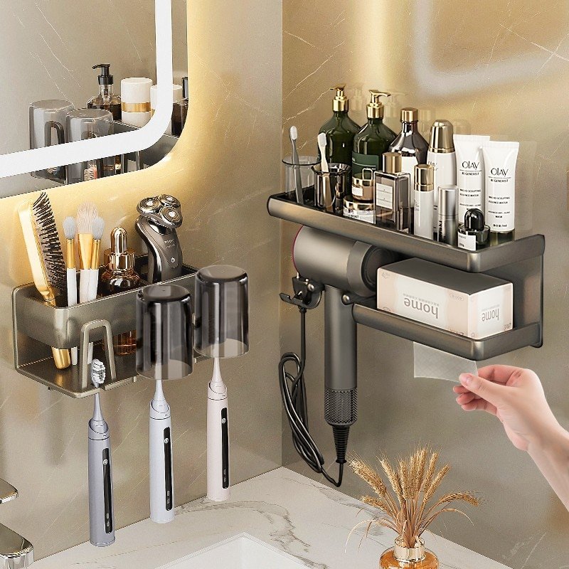 Bathroom Shelf Makeup Storage Organizer Aluminum Alloy Hair Dryer Holder Bathroom Accessories Wall Shelf 1