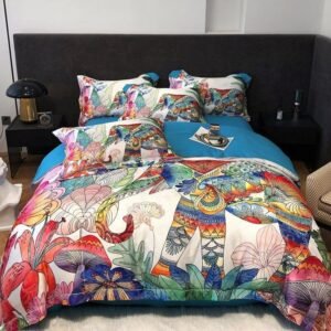 Colorful Elephant Printed Duvet Cover Blooming Flowers Cotton Bedding Set 1Comforter Cover 1Bed sheet 2Pillowcases,4Pcs Queen 1