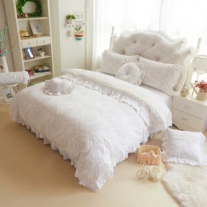 Korea style beige white bedding sets 4/9pcs fleece jacquard winter Full Queen King duvet cover+Bedskirt+pillowcases girl bed set 1